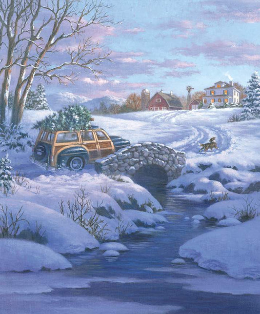 A Classic Christmas Woody Wagon Farm Scene Panel