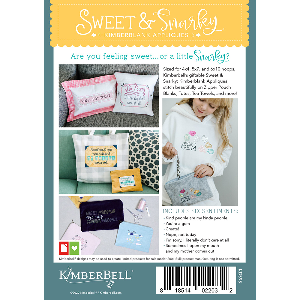 Kimberbell Sweet & Snarky Kimberblanks Appliques Machine Embroidery CD –  Green's Sewing and Vacuum